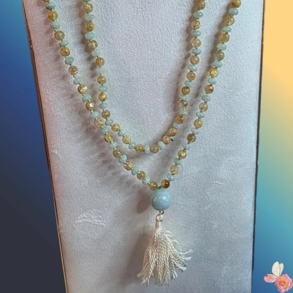Golden Rutilated Quartz & Jade Tassel Necklace Hand Knotted 672